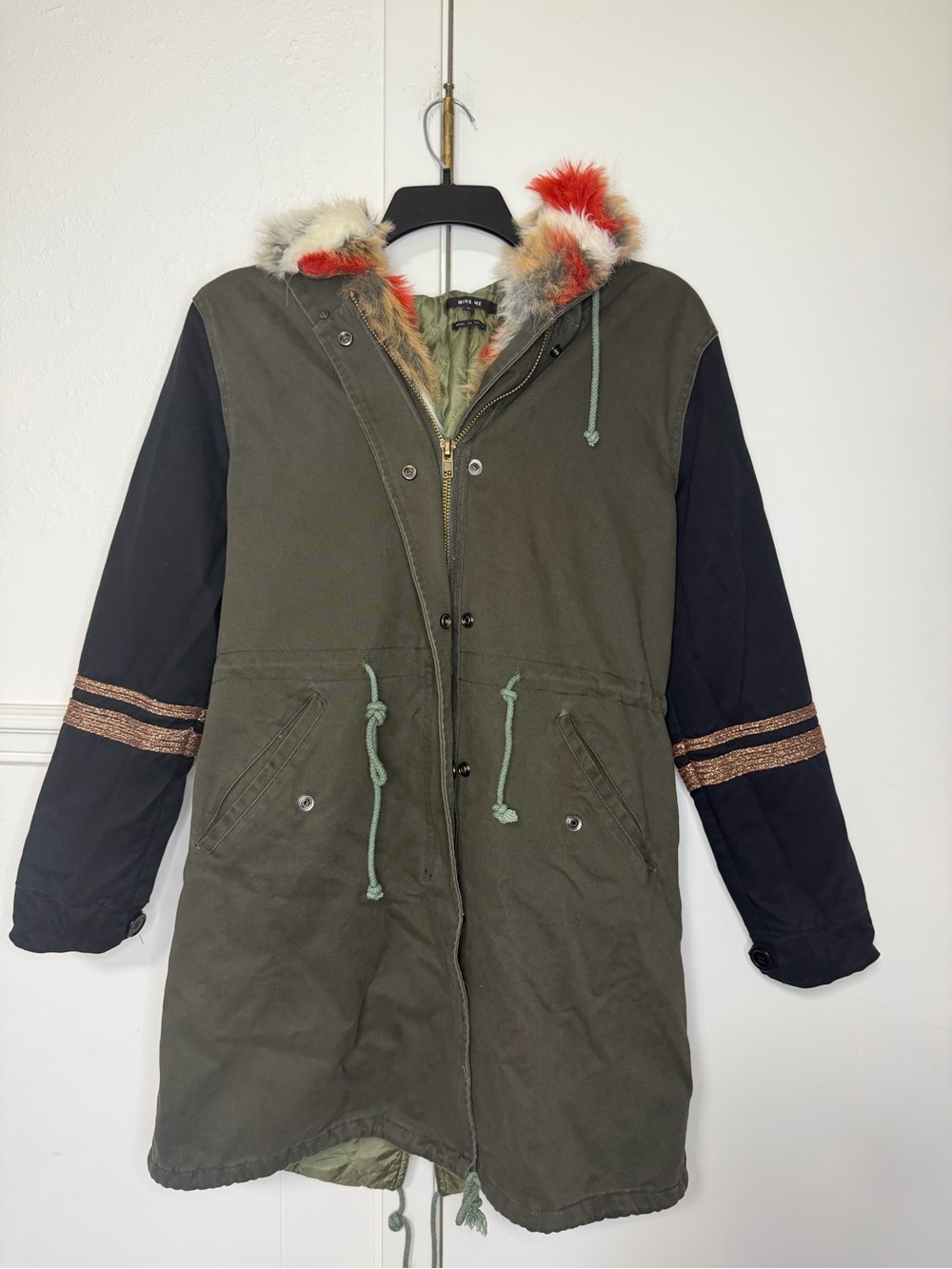 Miss Me Olive Green Hooded Parka with Black Sleeves and Multicolor Faux Fur S